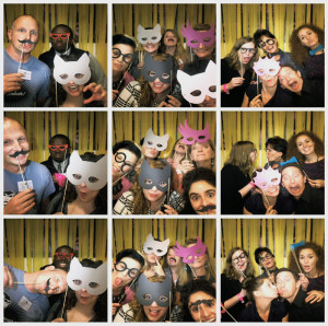 Photobooth images of people with masks and party props