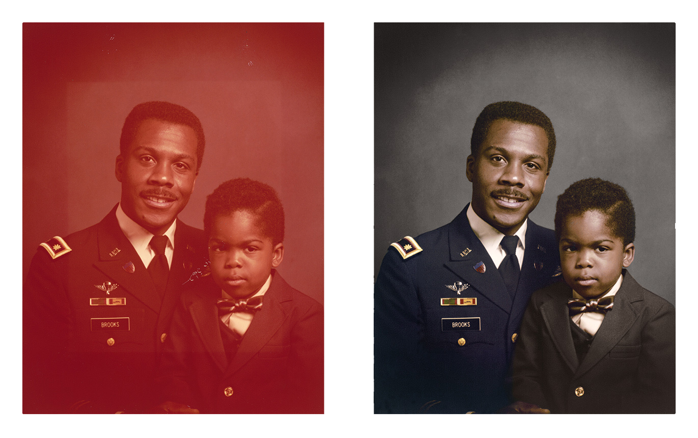 Example of photo restoration from our Virginia studio, of a severely color damaged photo