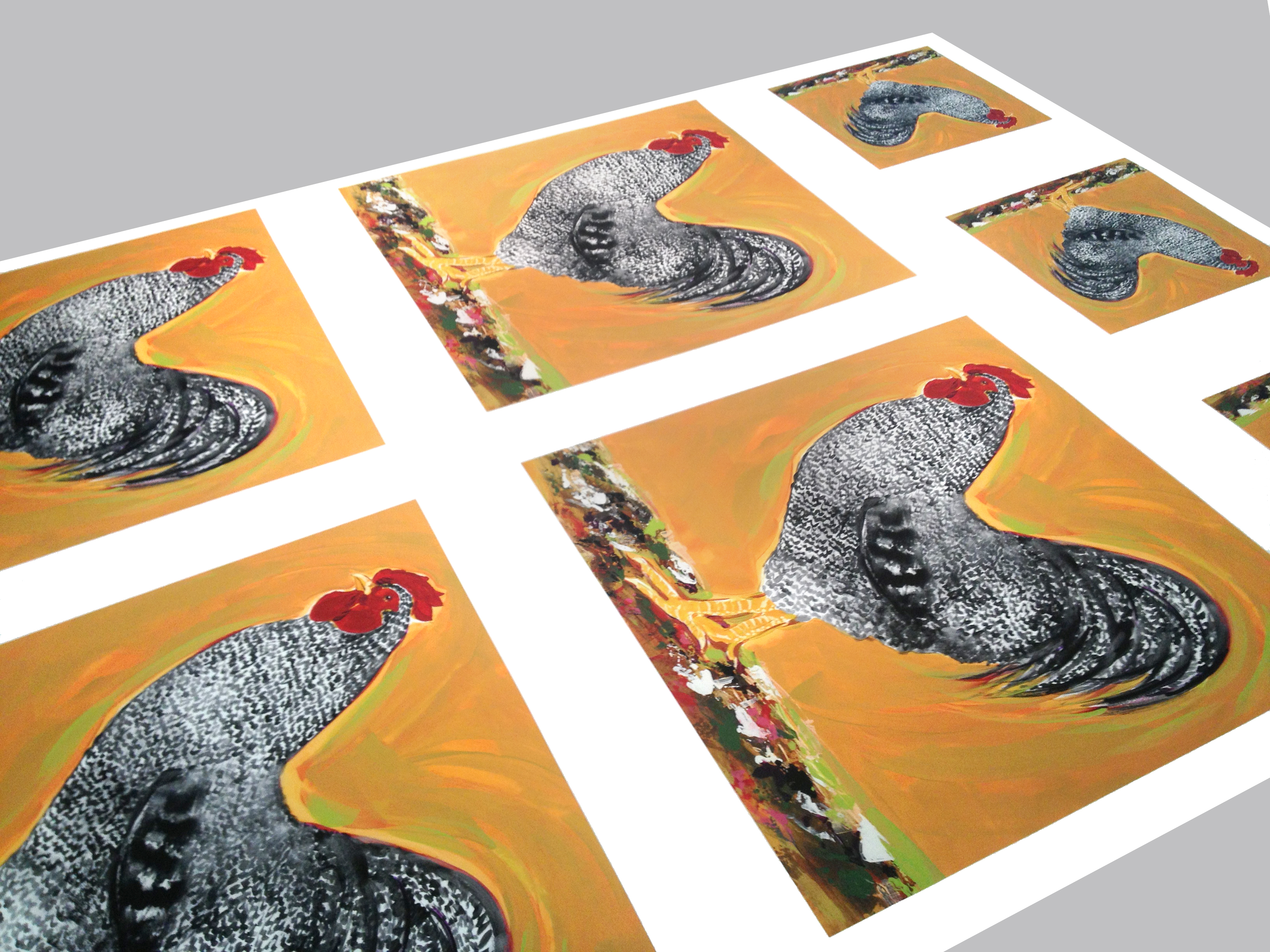 Limited edition prints featuring a rooster on an orange background, artwork by Virginia artist Matthew Johnson.
