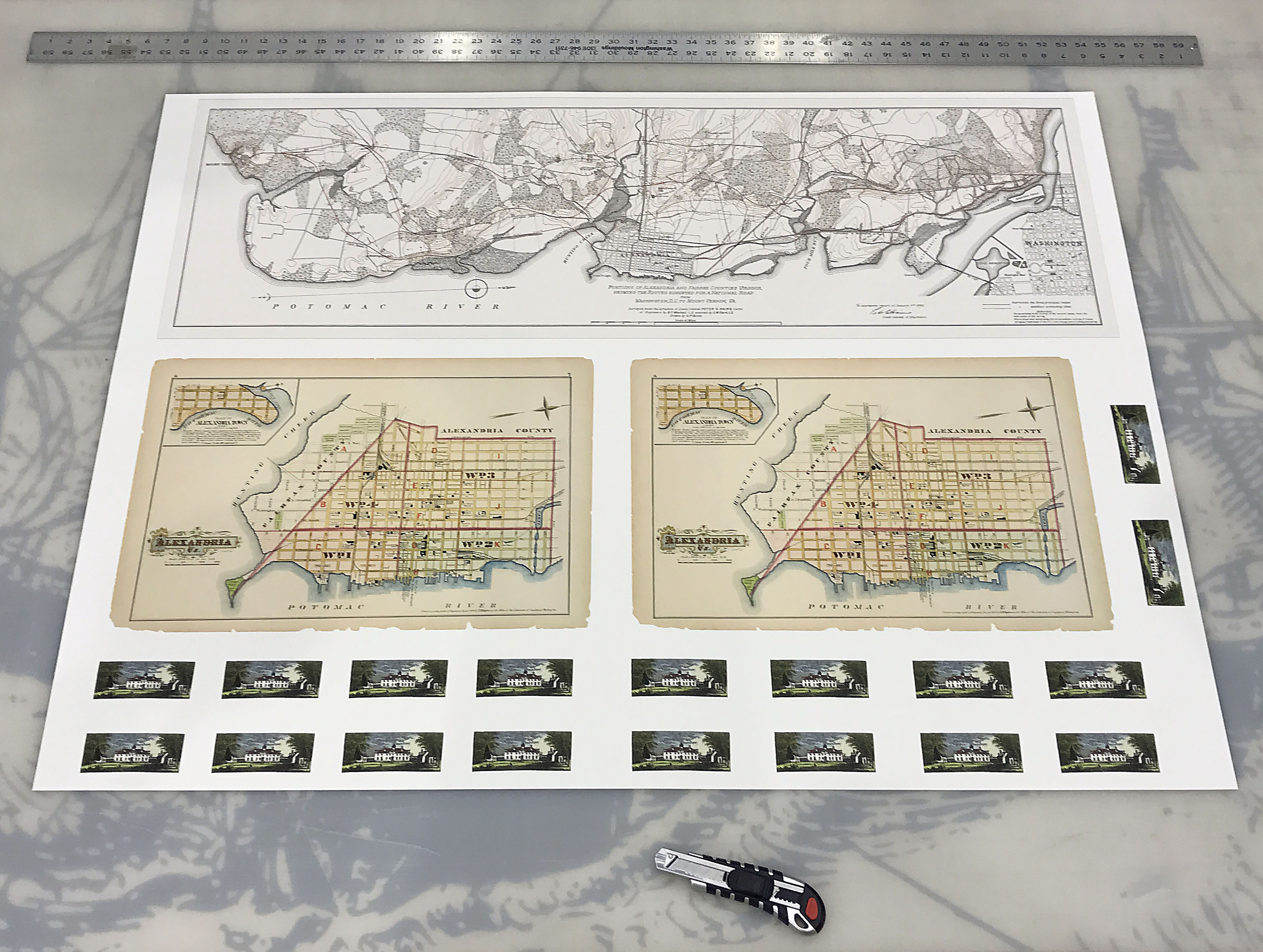 Giclee printing in Alexandria Virginia- a full sheet of prints of historic maps