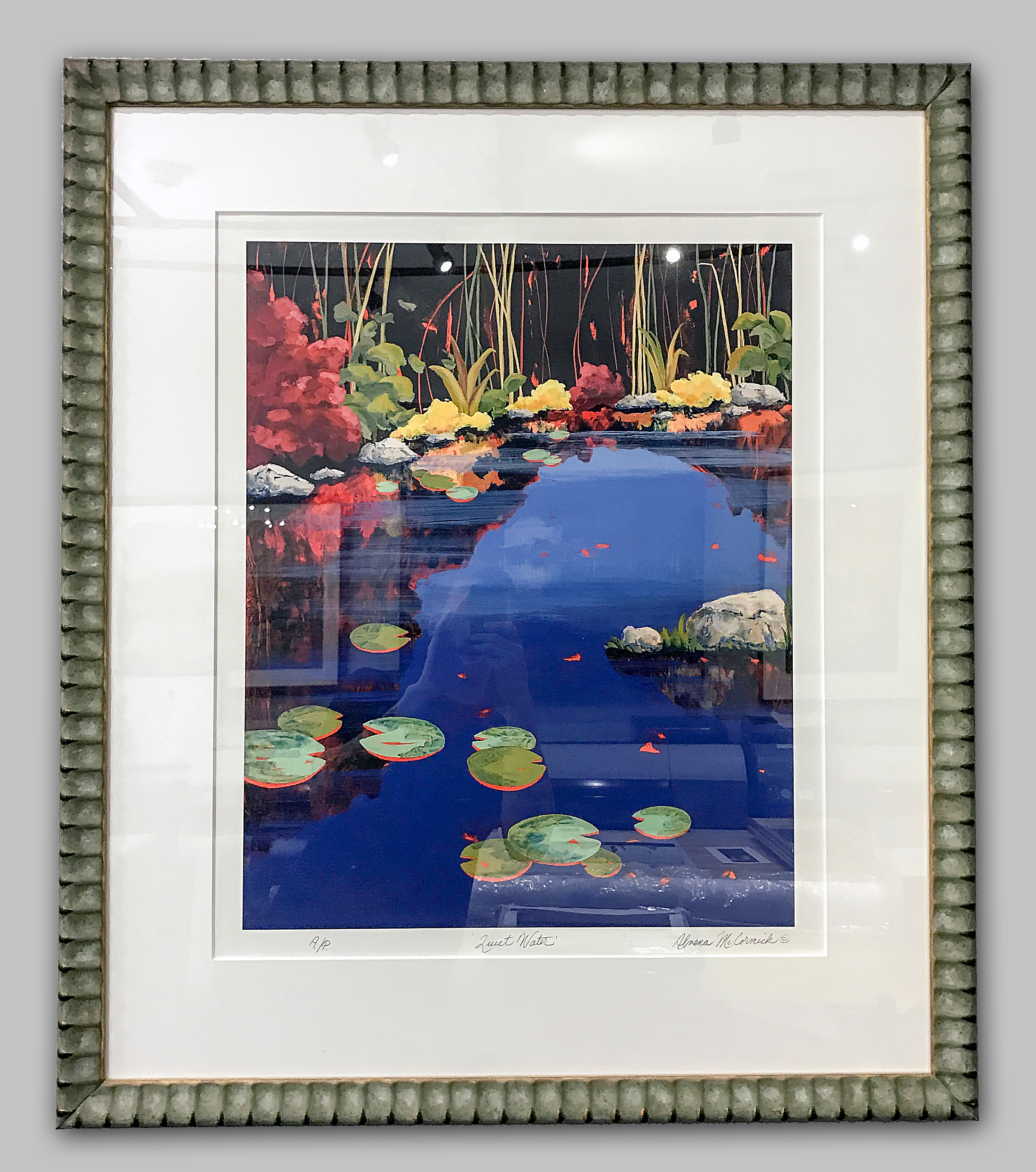 Example of how to sign art prints, artwork of a pond by Northern Virginia artist Alvena McCormick.