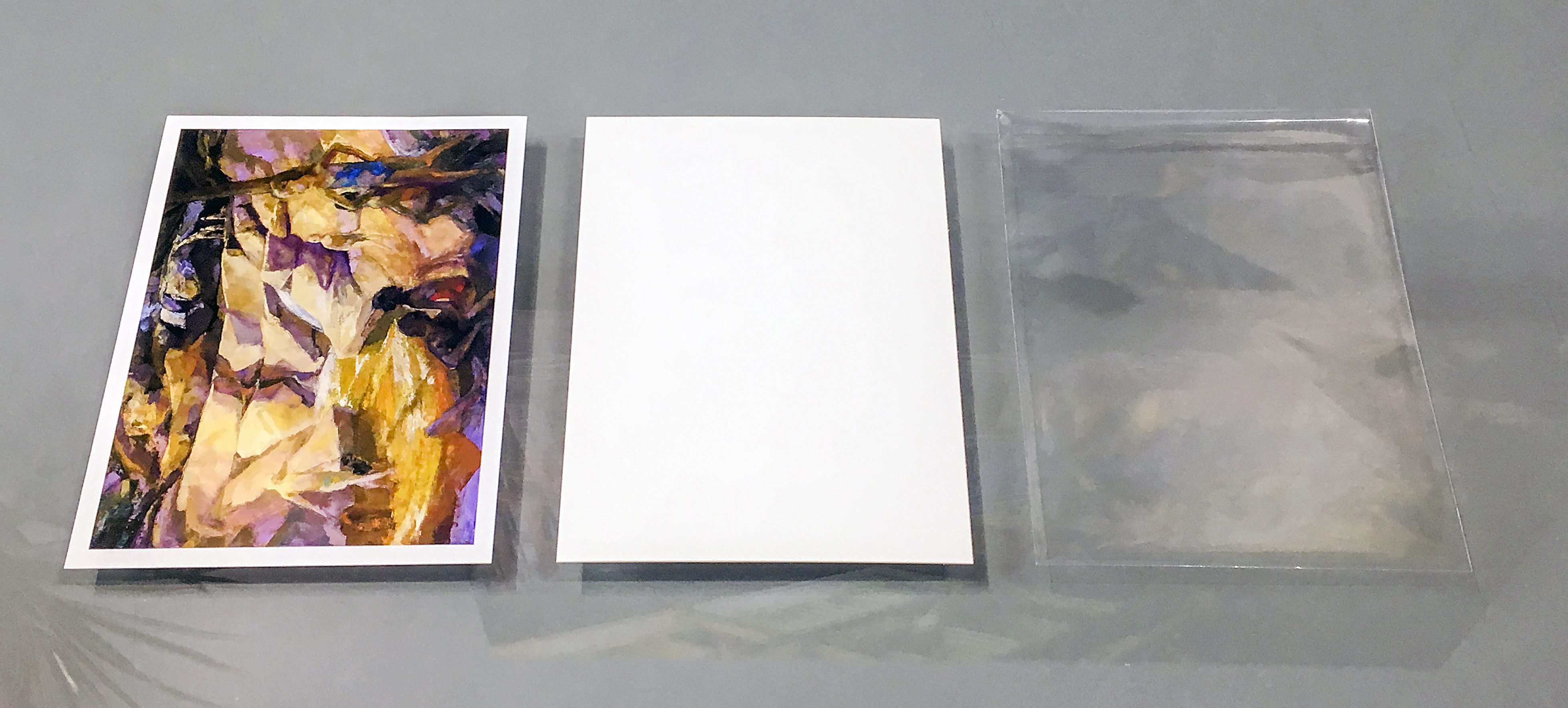 Print, backing board, and sleeve for displaying prints