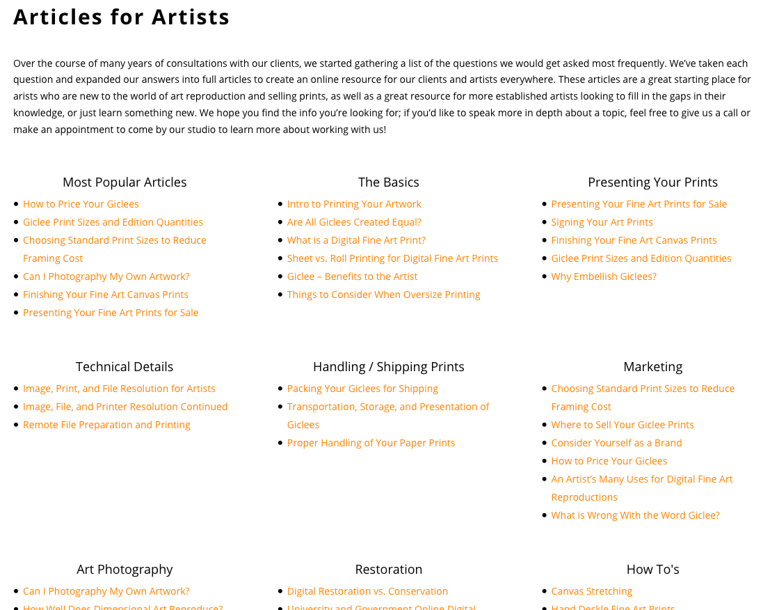 Screenshot of the Articles for Artists page, with educational links