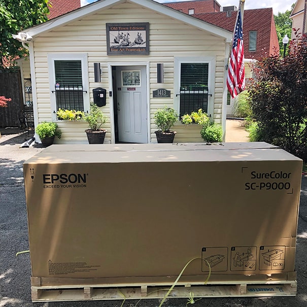 New Epson printer still in the box outside our studio in Alexandria, Virginia