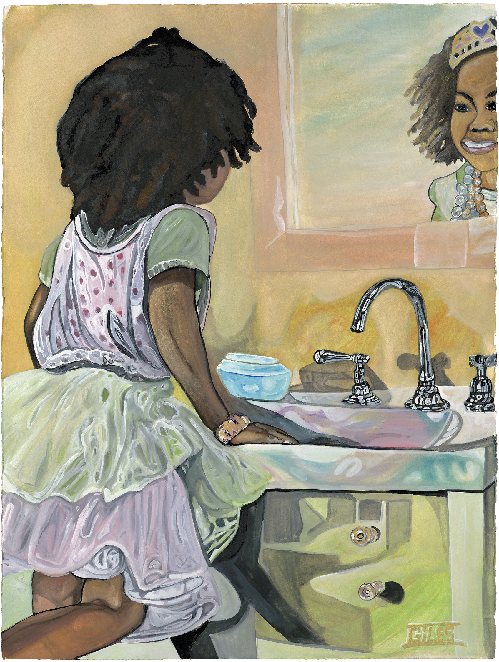 Artwork of a young girl looking in the mirror