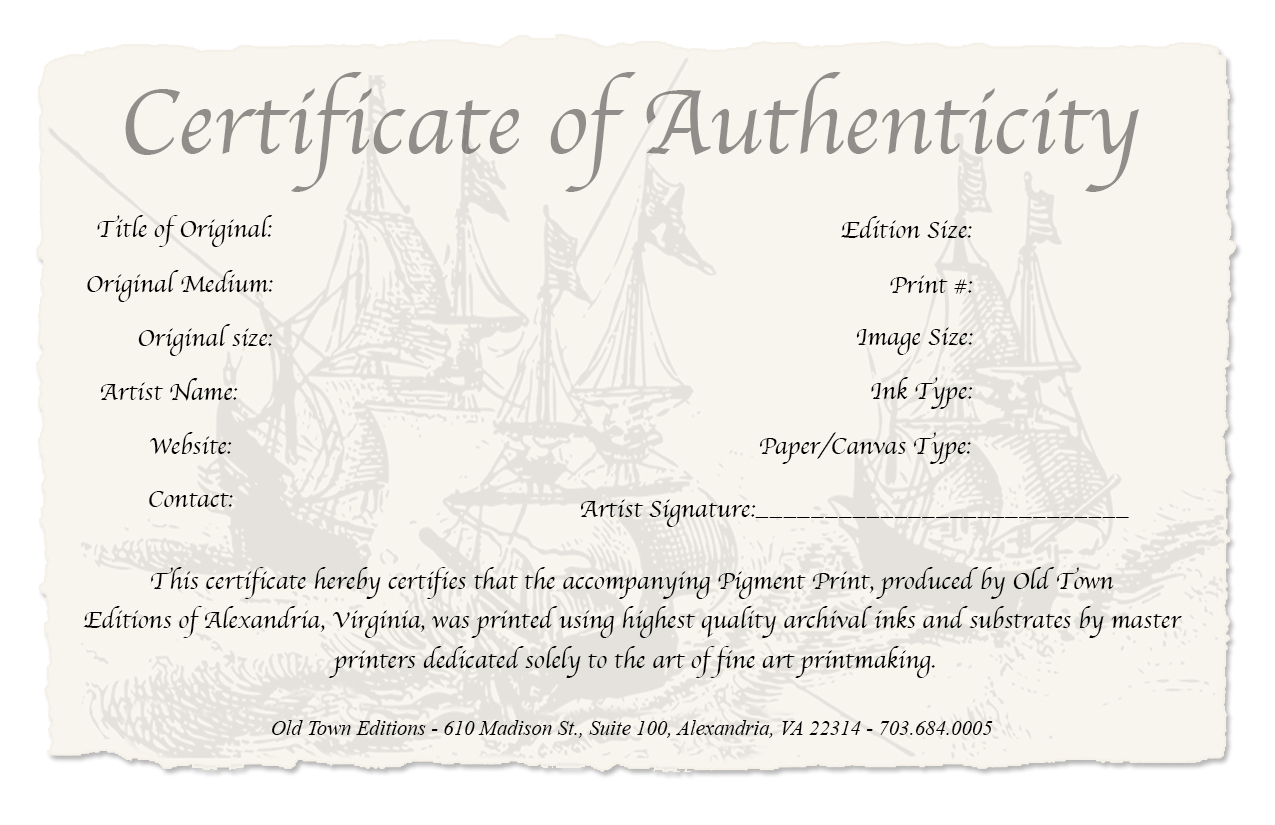 Certificate of Authenticity, with Old Town Editions logo as background 